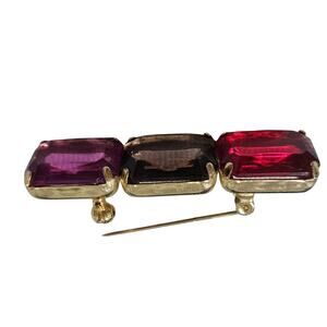1980s Mod Red Purple Pink Brooch Geometric Rectangle Gold Trim C Clasp Closure